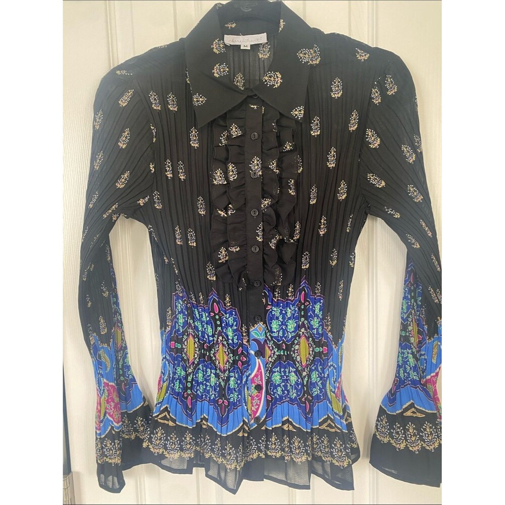KEREN HART Black Ruffle Button-Front Blouse with Blue Yellow & Pink Florals